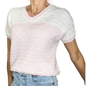 Hand knit 80s style pink white dolman sleeve v neck short sleeve sweater
